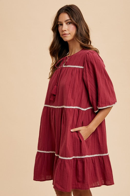 Tassel Contrast Trim Tie Neck Half Sleeve Tiered Dress