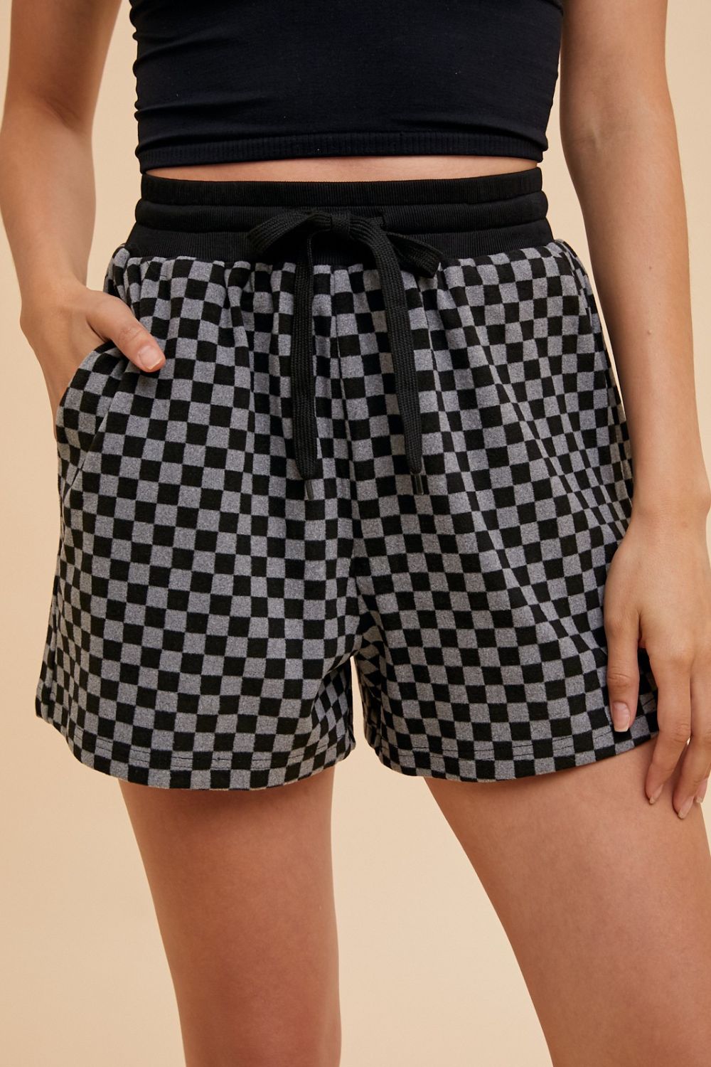 Annie Wear Checkered Round Neck Top and Drawstring Shorts Set