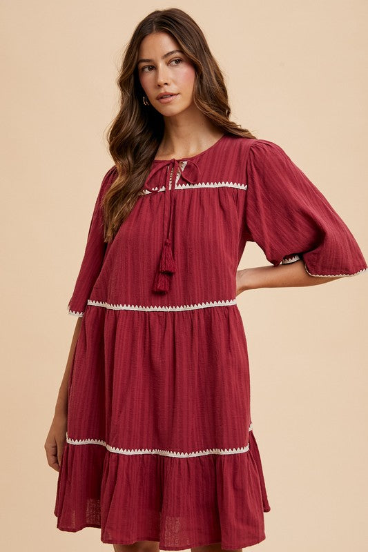 Tassel Contrast Trim Tie Neck Half Sleeve Tiered Dress