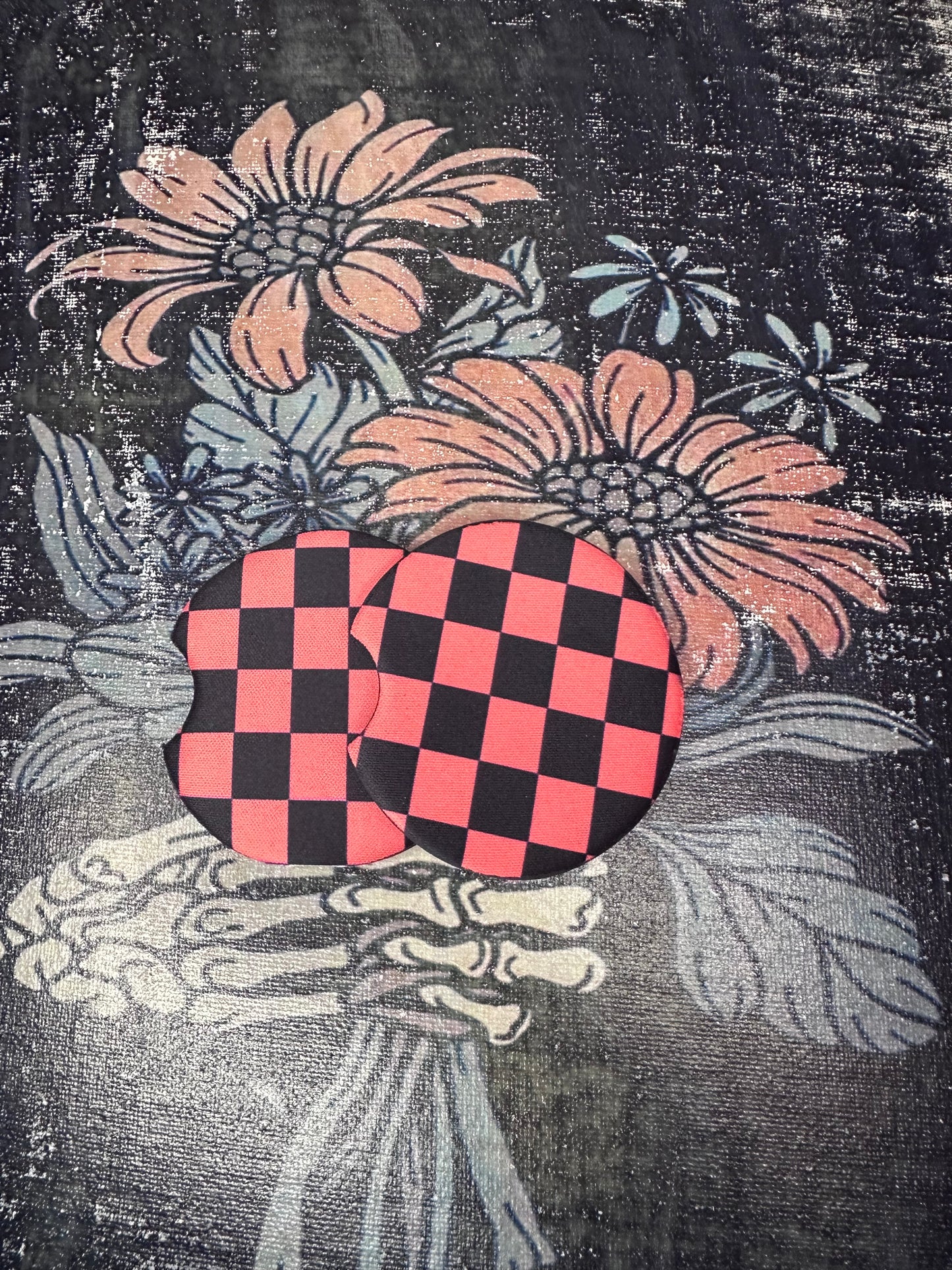 Checkered Black & Pink Car Coasters