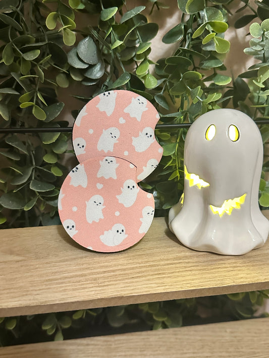 Pink & White Ghost Car Coasters