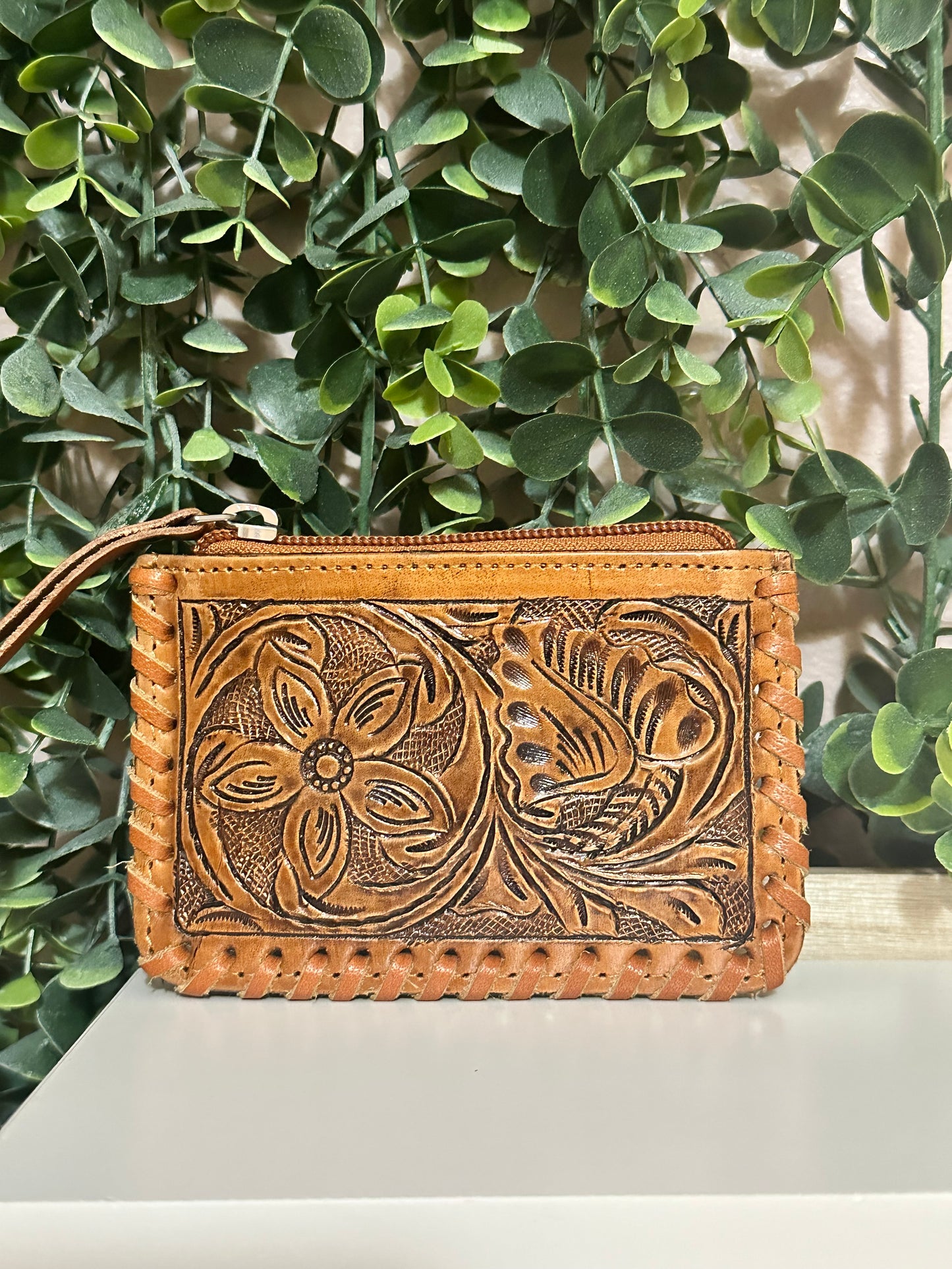 Tooled Cowhide Coin Pouch