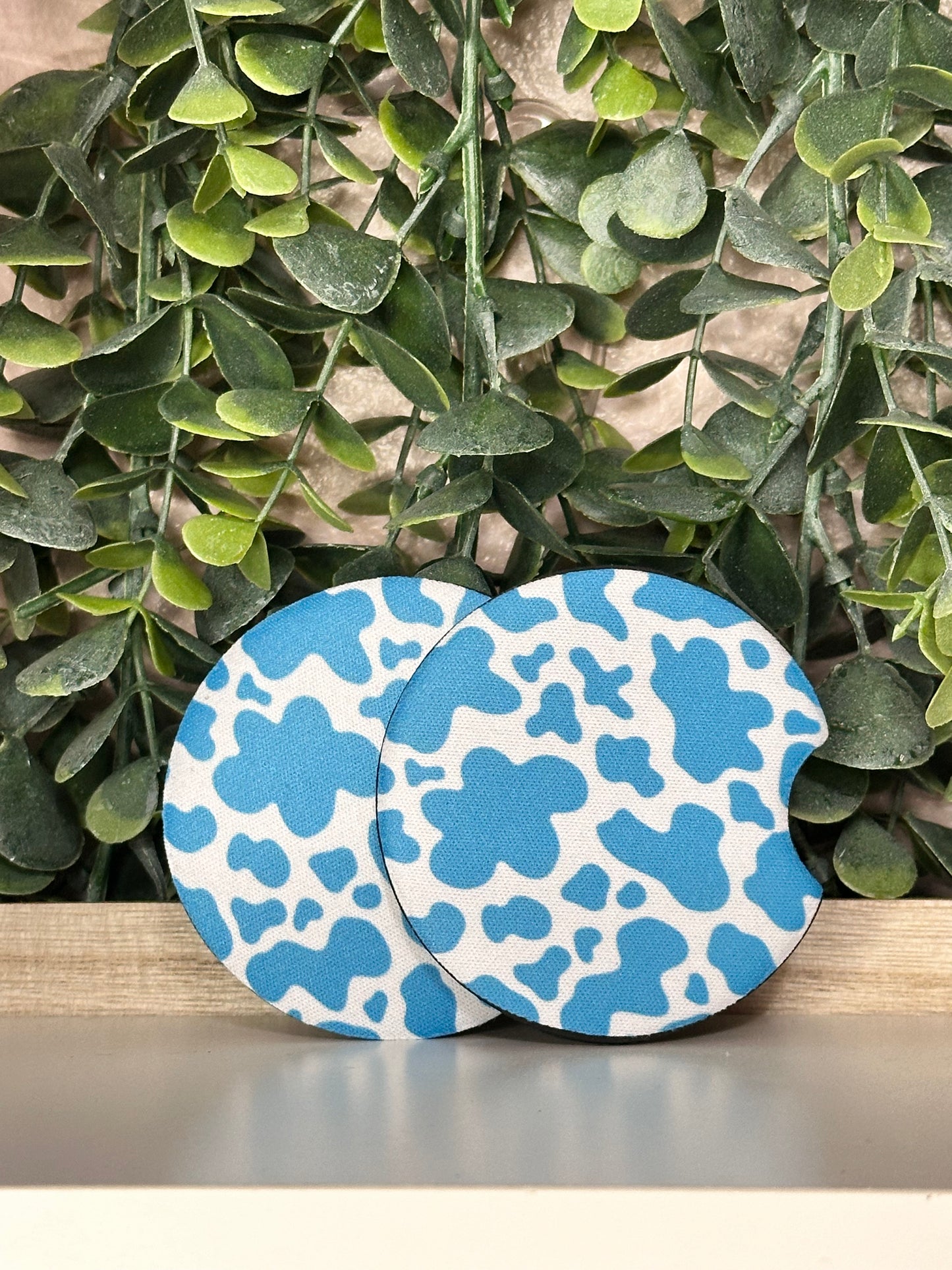 Blue Cow Print Car Coasters