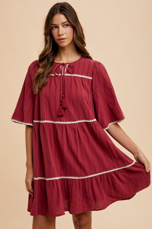 Tassel Contrast Trim Tie Neck Half Sleeve Tiered Dress